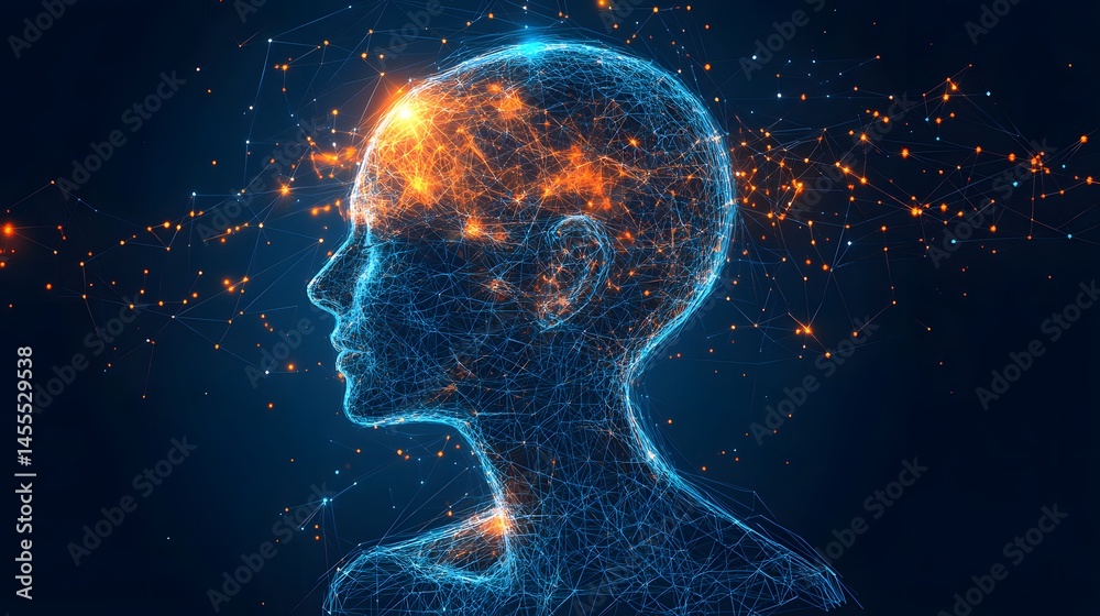 Futuristic digital representation of the human brain and neural network. Abstract Digital low-poly wireframe connected dots in dark blue Futuristic digital representation of the human brain and neural network. Abstract Digital low-poly wireframe connected dots in dark blue
