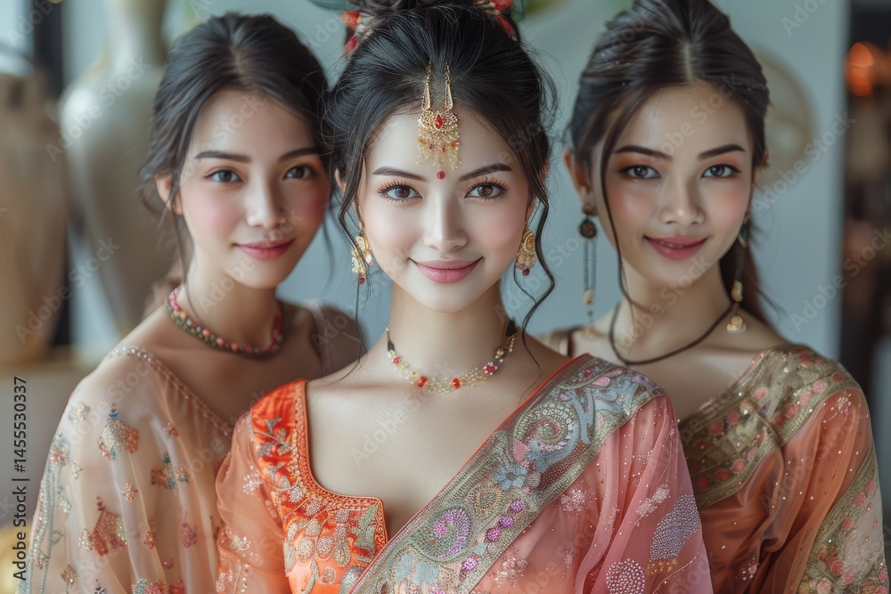 Obraz premium Young Women in Traditional Asian Dresses with Modern Fashion Details, Featuring Intricate Patterns and Vibrant Colors in a Contemporary Cultural Expression.