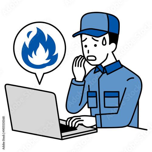 SNSが炎上して困惑しているつなぎ作業服の男性（ノートパソコン）