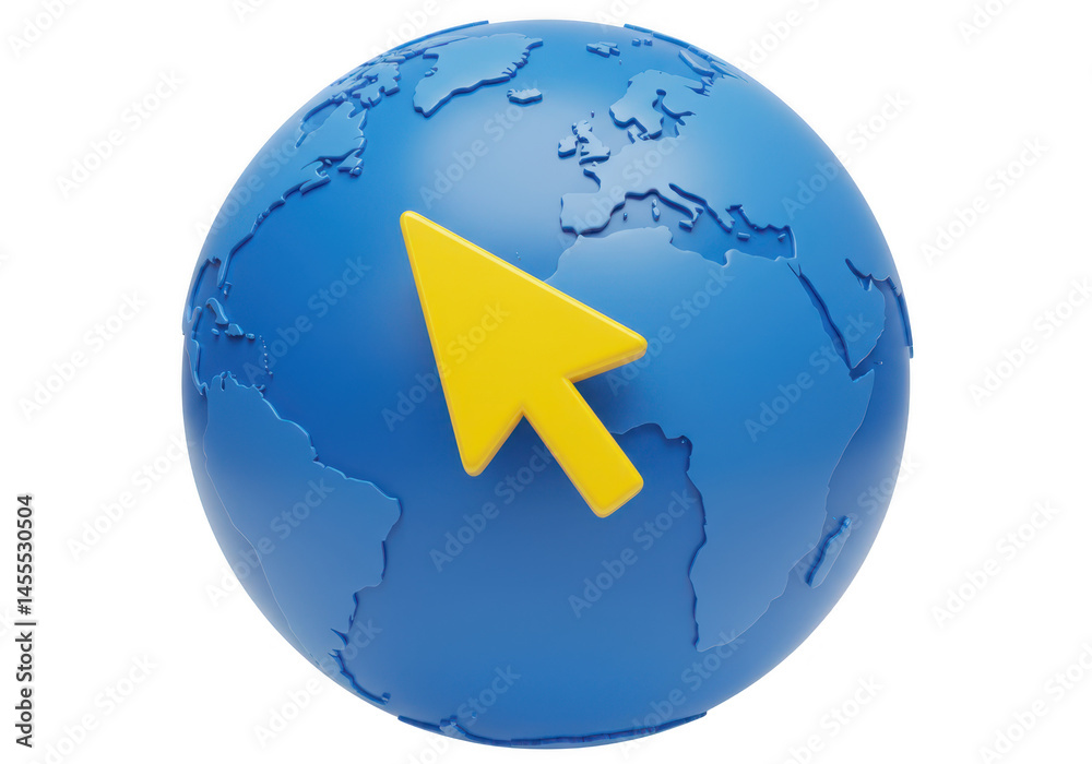 Fototapeta premium A blue globe with continents shown and a yellow cursor pointing towards the center isolated on transparent background
