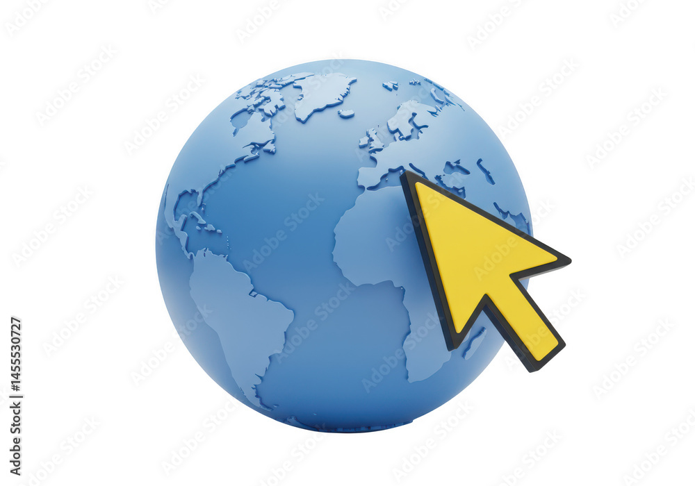 Fototapeta premium A blue globe with continents and a yellow cursor pointing at europe isolated on transparent background