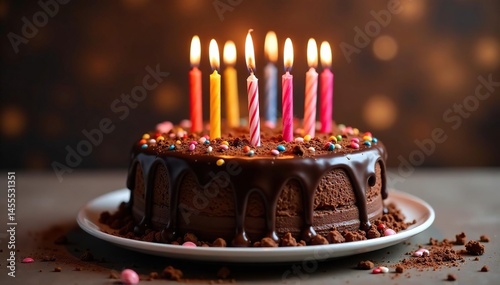 Delicious chocolate birthday cake with candles, sweettooth, homemadecake