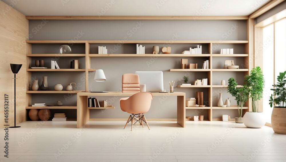 Fototapeta premium Minimalist modern office interior with wooden desk