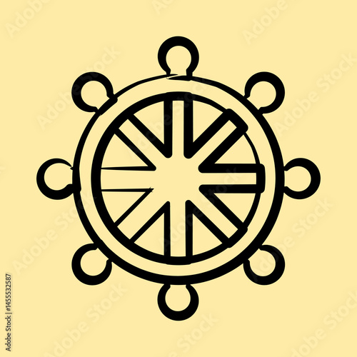 Icon dharma wheel. Buddhism and vesak elements. Icon in hand drawn style.