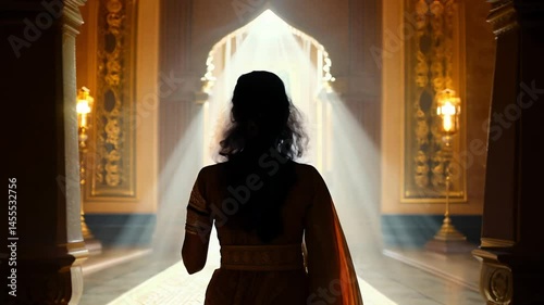 Dolly zoom video of a poised 38-year-old indian woman in a sari, walking confidently, facing the camera, rim light highlights her sari, opulent palace architecture