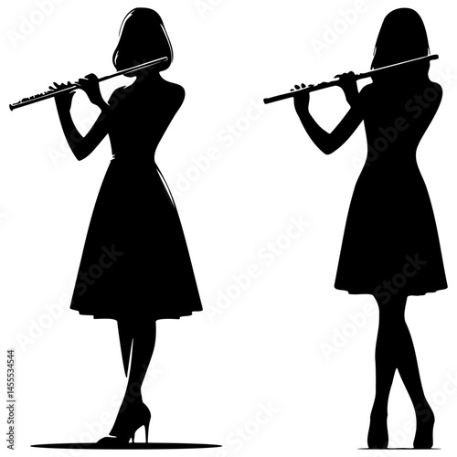Woman Play Flute Silhouette.