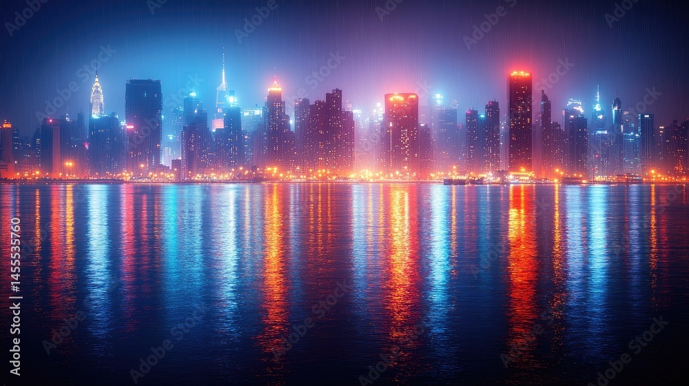 Fototapeta premium Panoramic cityscape glows with vibrant reflected lights across the water at night under a soft, rainy sky.