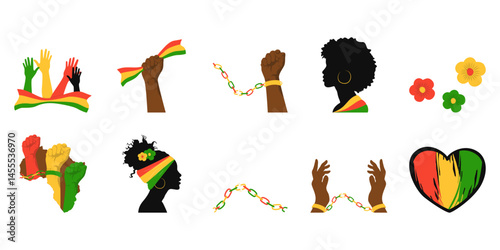 Set of juneteenth day illustration. Black history, african america people, freedom and emancipation day in June. Vector isolated illustration.