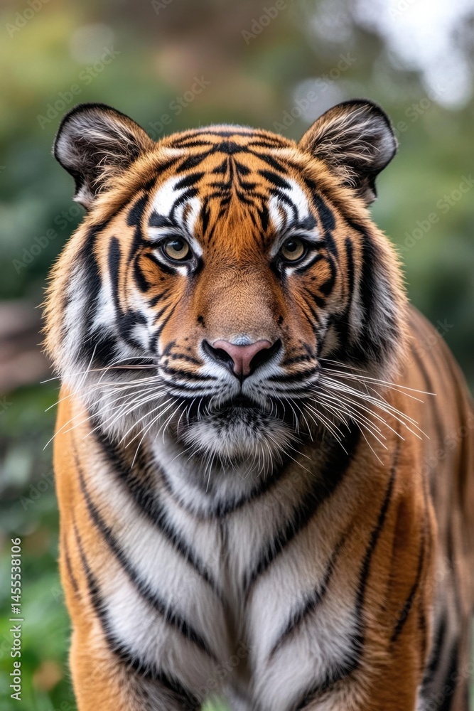 Naklejka premium Sumatran Tiger Portrait Captivating Gaze in Natural Habitat Close Up Wildlife Majesty