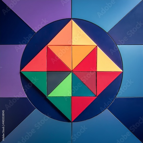 Colorful geometric shapes arranged in a symmetrical pattern on a surface