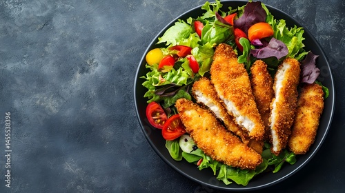 Crispy breaded chicken tenders served with a vibrant salad.