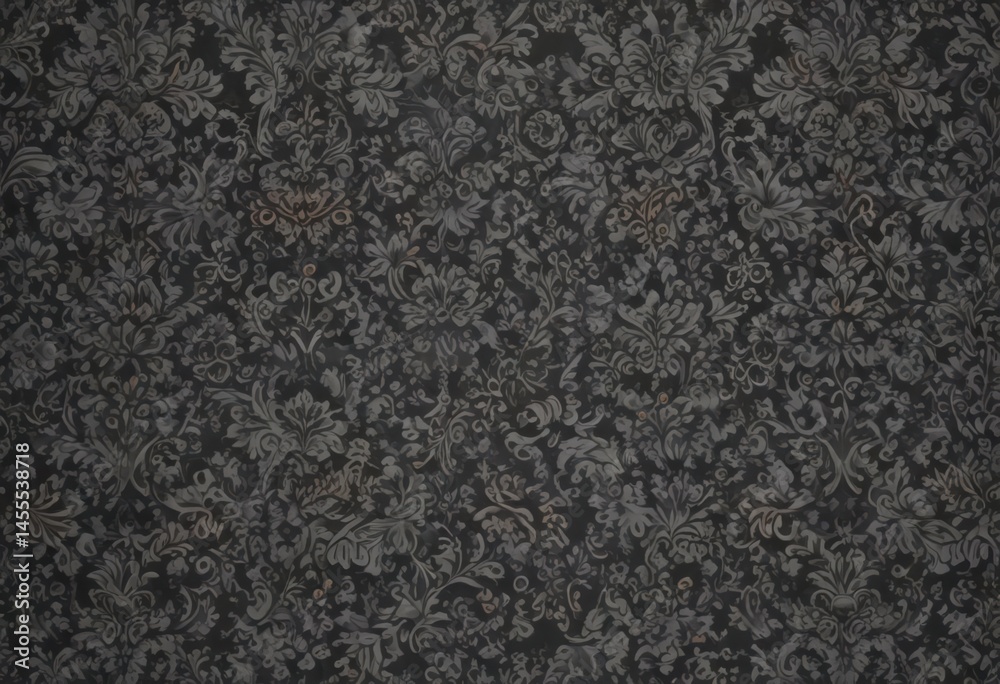 Fototapeta premium Intricate black damask floral pattern on muted grey , texture, subtlety, art