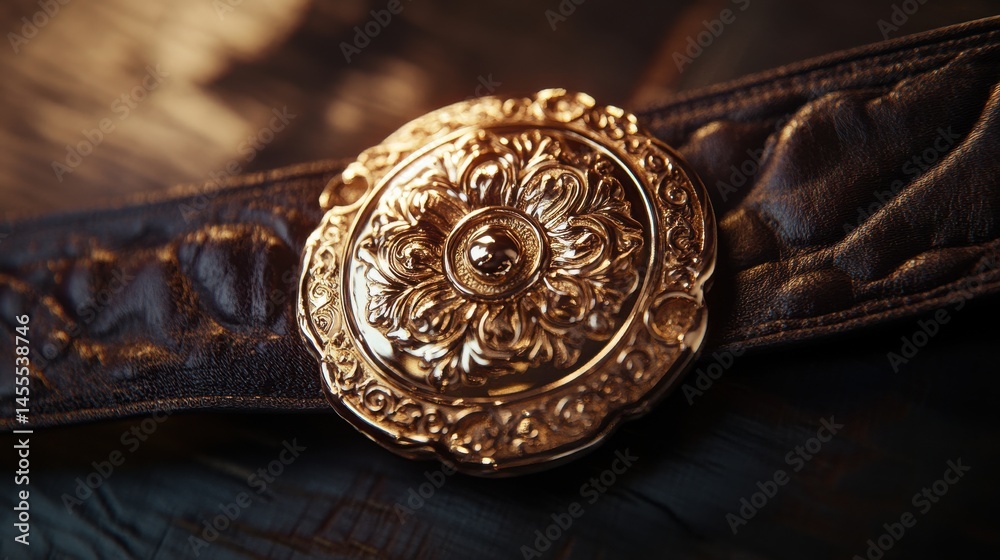 Obraz premium A close-up shot of a luxurious golden belt buckle with intricate designs, placed on a dark leather belt, resting on a wooden surface with soft lighting.