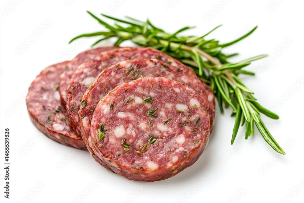 Sausage patties with herbs, isolated on a white background Sausage patties with herbs, isolated on a white background