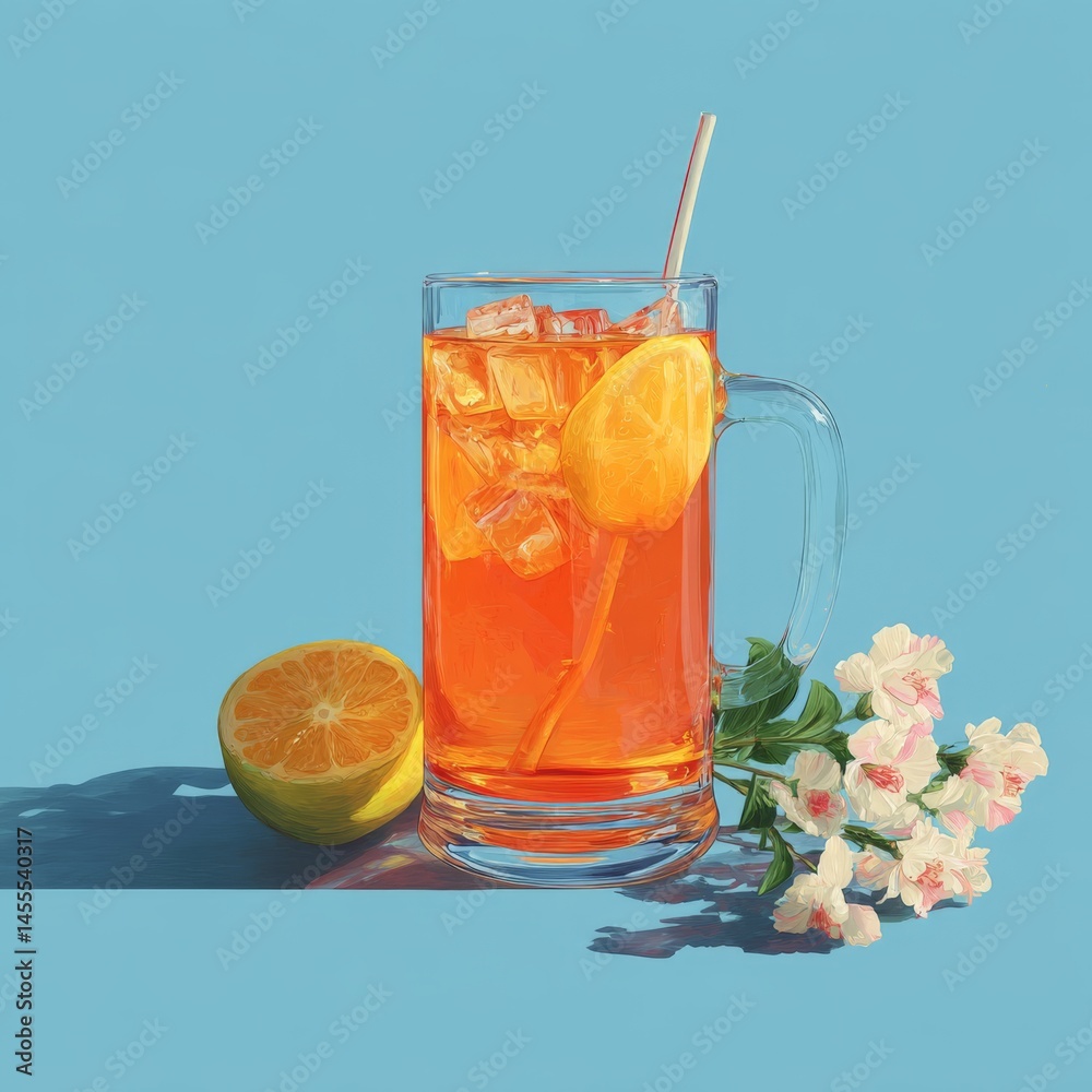 Fototapeta premium Iced Tea with Orange and Flowers on Blue Background