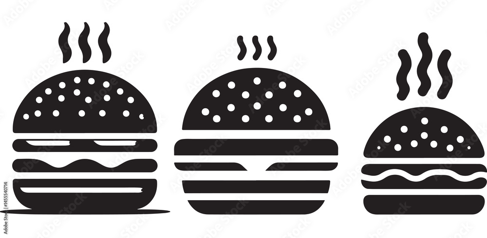 Burger icon or logo set. Hot hamburger black silhouette. Fast food black symbol. Vector illustration. stock illustration. Burger icon or logo set. Hot hamburger black silhouette. Fast food black symbol. Vector illustration. stock illustration.