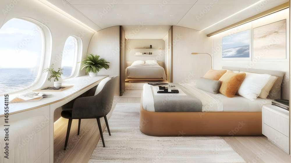 Luxurious private jet suite with bedroom, desk, ocean view; ideal for travel marketing Luxurious private jet suite with bedroom, desk, ocean view; ideal for travel marketing