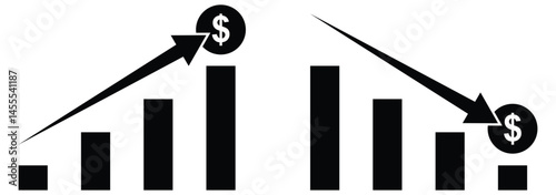 Cost Reduction Icon. Dollar price up and down icon line style. Dollar coin graph up and down. Money cost arrow growth, decline. Currency investment. Up and down dollar arrow icon in flat design. EPS10