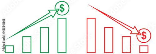 Dollar increase and decrease vector icons. Dollar rise and fall signs. Cost reduction and rise up icon. Dollar increase and reduce arrow sign. Money rotation business symbol. Currency exchange. EPS 10