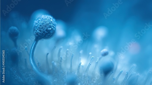 Close-up view of crystalline, illuminated fungal growth.