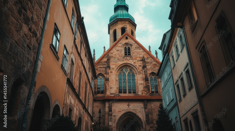 Naklejka premium Historic church facade between european buildings