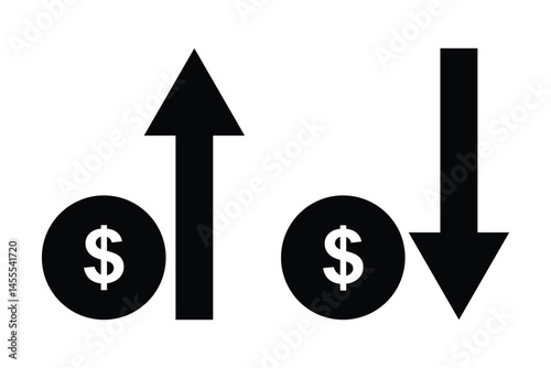 Cost Reduction Icon. Dollar price up and down icon line style. Dollar coin graph up and down. Money cost arrow growth, decline. Currency investment. Up and down dollar arrow icon in flat design. EPS10