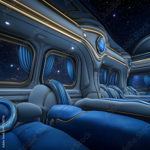 Wallpaper Mural Luxurious spaceship interior, passengers relaxing, stargazing through portholes, interstellar travel Torontodigital.ca