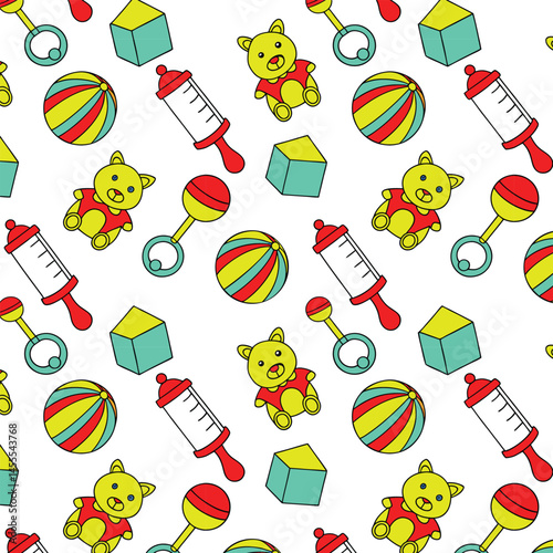 Seamless baby pattern  toys  rattles and bottles
