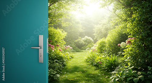 Teal Door with Metal Handle Opening to Lush Green Garden,elegant, rustic, old, aged, weathered, photo, image, photo