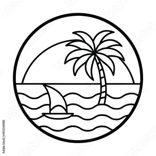 Black and White Coastal Scenery with Palm Tree and Sailboat