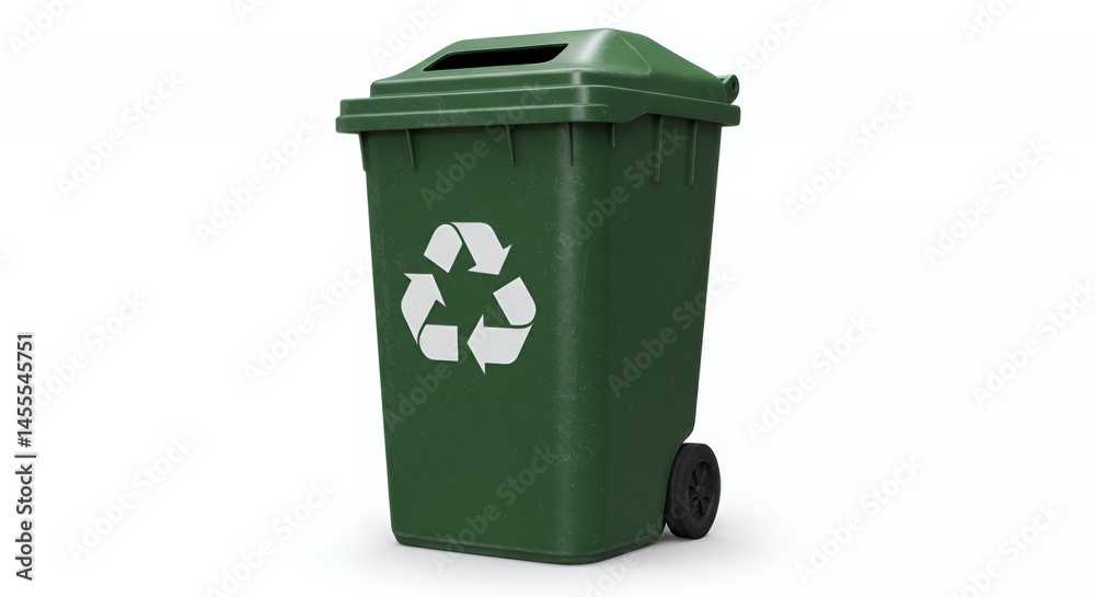 Realistic Dark Green Recycling Bin with Modified Symbol on White Background for Eco Awareness and Clean Waste Management Concept Realistic Dark Green Recycling Bin with Modified Symbol on White Background for Eco Awareness and Clean Waste Management Concept