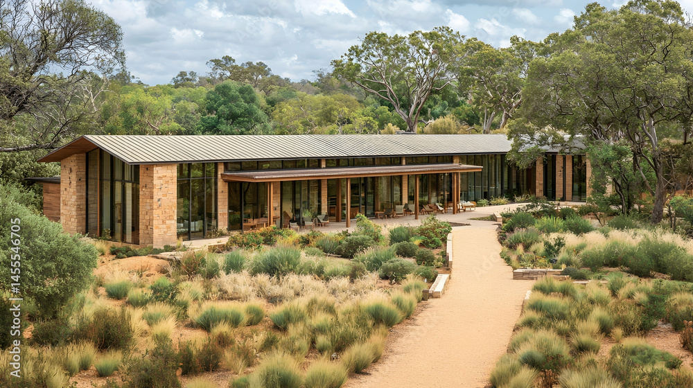 Obraz premium Modern building nestled in arid landscape, garden path leading to entrance; serene background, ideal for architecture or travel brochure