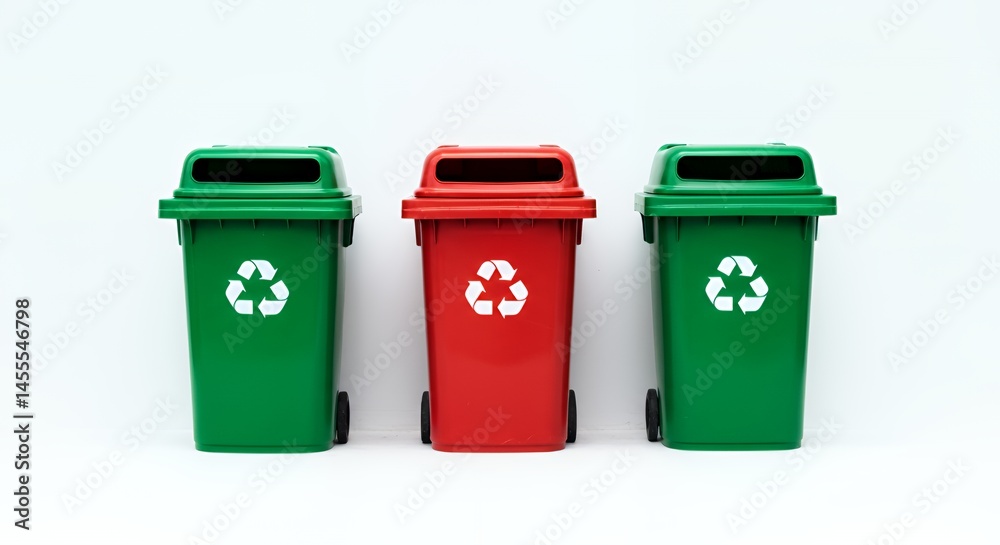 Three Colorful Recycling Bins Red Green and Dark Green Standing in a Row on a Clean White Background Displaying The Recycling Symbol Perfect for Decoration and Earth Day Promotion Three Colorful Recycling Bins Red Green and Dark Green Standing in a Row on a Clean White Background Displaying The Recycling Symbol Perfect for Decoration and Earth Day Promotion