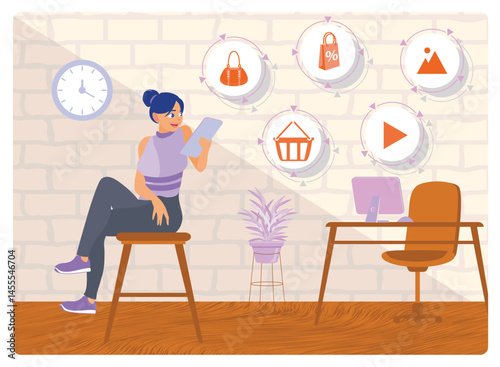 Girl Sitting in Comfy Chair and Surfing Internet on Her Smartphone.