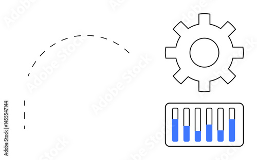 Gear representing settings, bar chart displaying metrics, and motion arrows symbolizing progress. Ideal for technology, analytics, workflow, automation, system setup, data visualization simple