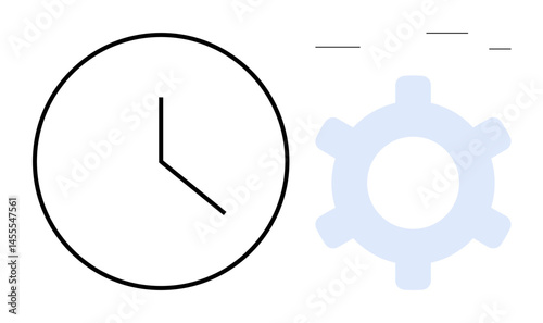Minimalist clock and gear combination highlighting workflow efficiency, task scheduling, and productivity improvement. Ideal for teamwork, operations, strategy, process, planning, success flat