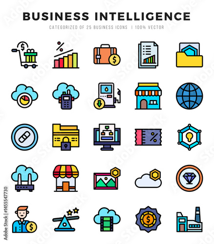 Vector Business Intelligence types icon set in Lineal Color style. vector illustration.