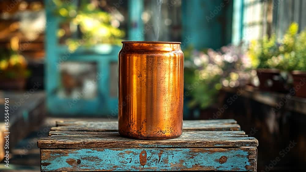Copper Can on Rustic Table in Lush Garden Setting Copper Can on Rustic Table in Lush Garden Setting