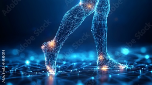 Digital legs stride in a futuristic realm. High-tech biomechanics meet sleek design, highlighting movement and energy. Abstract Digital low-poly wireframe connected dots in dark blue