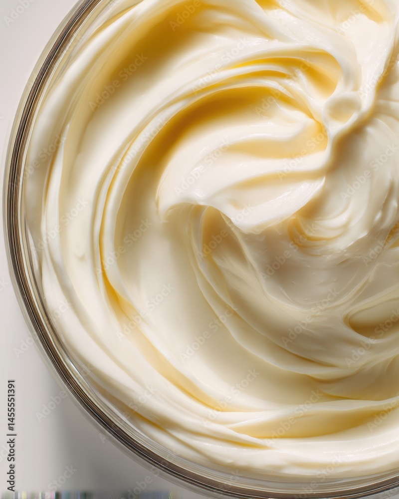 Creamy texture of a cosmetic product in a glass jar close up view from above for skin care and beauty concepts Creamy texture of a cosmetic product in a glass jar close up view from above for skin care and beauty concepts