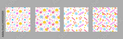 A set of colored doodle patterns with blots and stars. Vector illustration