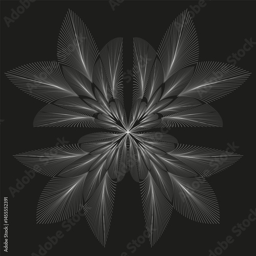 Radiating petal shape. Glowing flower figure. Symmetrical line element. Vector dark background.
