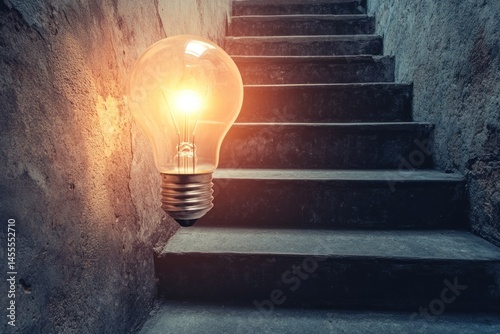 bright light bulb on last step of stairs, metaphor for achieving success