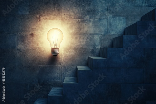 bright light bulb on last step of stairs, metaphor for achieving success