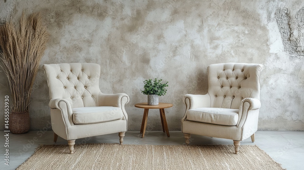 Fototapeta premium Two beige armchairs in a rustic style room.