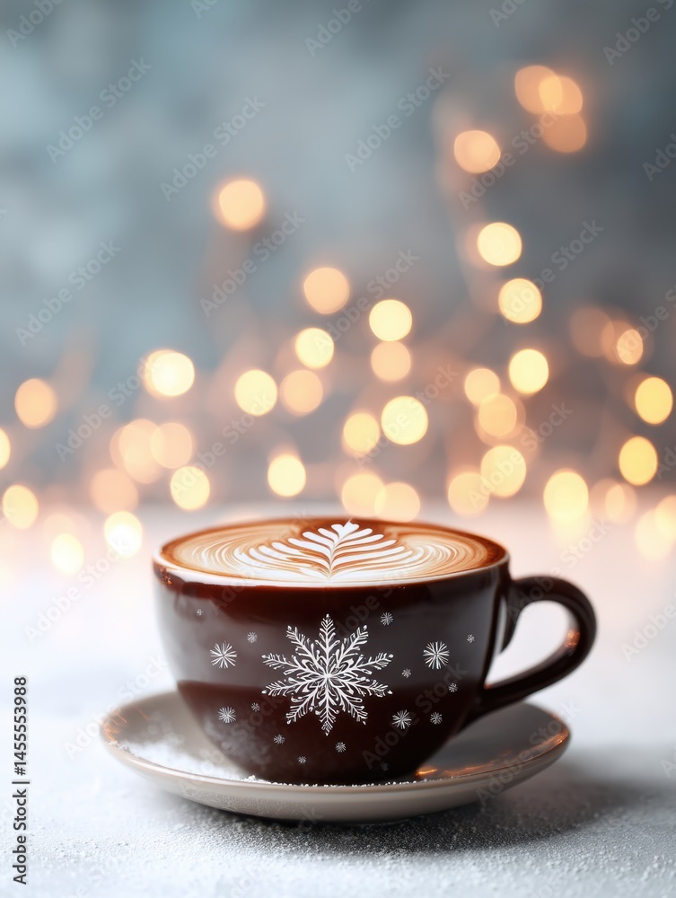Fototapeta premium Festive Winter Latte Art Coffee Cup with Snowflake Design and Bokeh Lights Background