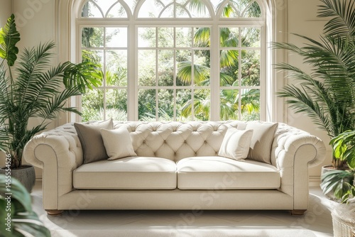 Elegant cream-colored sofa with large window view.