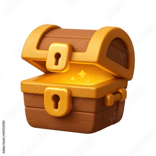 Radiant wooden treasure chest opened wide, revealing a bright, sparkling golden light within.