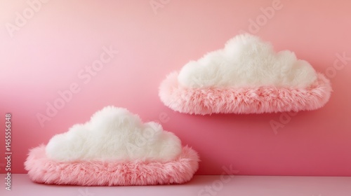 Two fluffy cloud pillows against a pink backdrop.