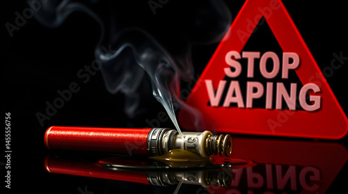 Broken e-cigarette leaking liquid with stop vaping sign: dangers of vaping